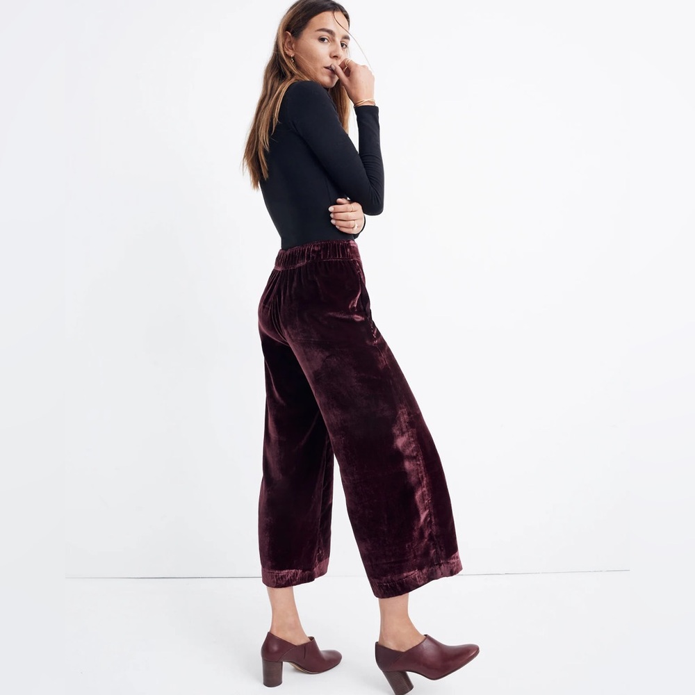 Madewell Velvet Huston Pull On Wide Leg Crop Pants in Burgundy Size XS